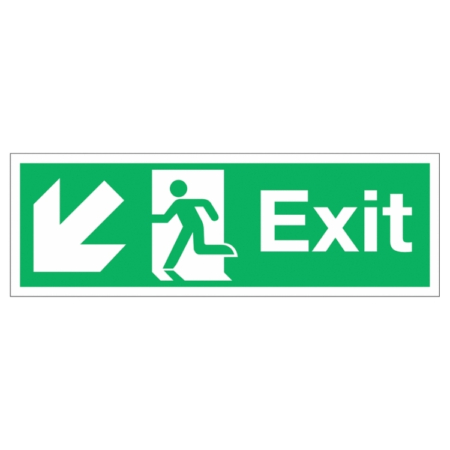Exit Running Man Left and Arrow Diagonal Down Sign – green directional sign with diagonal arrow pointing down and left