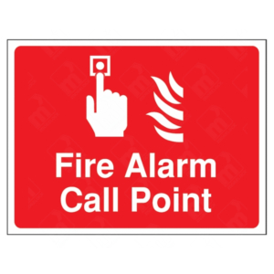 Fire Alarm Call Point Sign – red UK fire safety sign showing manual alarm activation point with hand and flame icon.