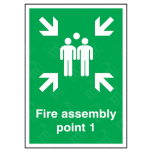 Fire Assembly Point 1 Sign – vertical green safety sign with white arrows and group symbol marking specific fire evacuation muster point 1