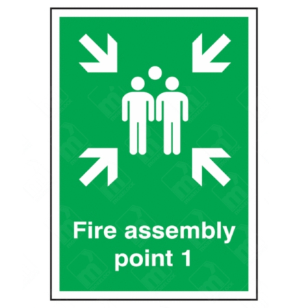 Fire Assembly Point 1 Sign – vertical green safety sign with white arrows and group symbol marking specific fire evacuation muster point 1