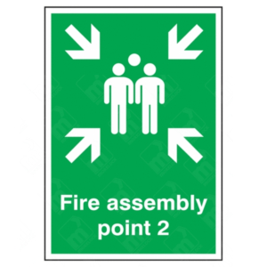 Fire Assembly Point 2 Sign – vertical green safety sign with white arrows and group symbol marking specific fire evacuation muster point 2