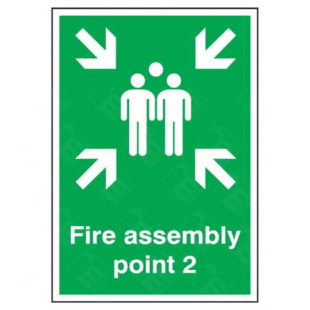 Fire Assembly Point 2 Sign – vertical green safety sign with white arrows and group symbol marking specific fire evacuation muster point 2