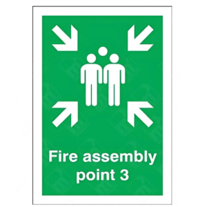 Fire Assembly Point 3 Sign – vertical green safety sign with white arrows and group symbol marking specific fire evacuation muster point 3