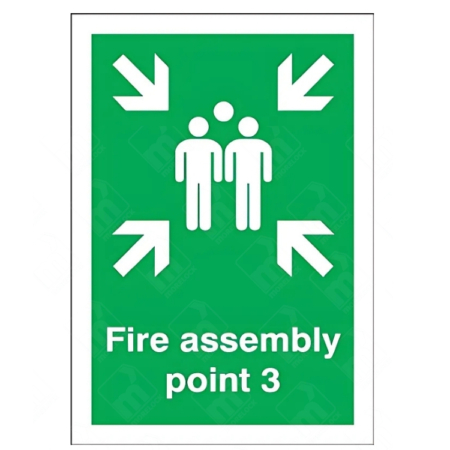 Fire Assembly Point 3 Sign – vertical green safety sign with white arrows and group symbol marking specific fire evacuation muster point 3