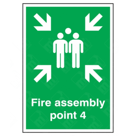 Fire Assembly Point 4 Sign – vertical green safety sign with white arrows and group symbol marking specific fire evacuation muster point 4