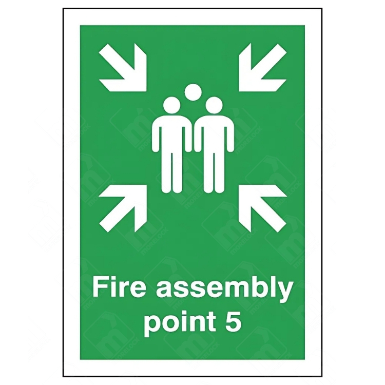 Fire Assembly Point 5 Sign – vertical green safety sign with white arrows and group symbol marking specific fire evacuation muster point 5