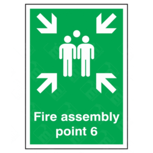 Fire Assembly Point 6 Sign – vertical green safety sign with white arrows and group symbol marking specific fire evacuation muster point 6