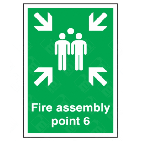 Fire Assembly Point 6 Sign – vertical green safety sign with white arrows and group symbol marking specific fire evacuation muster point 6