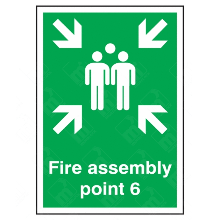 Fire Assembly Point 6 Sign – vertical green safety sign with white arrows and group symbol marking specific fire evacuation muster point 6