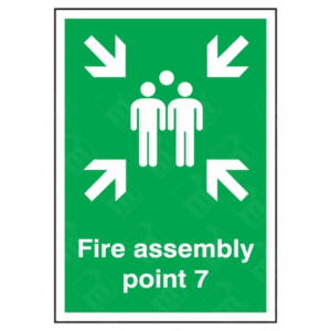 Fire Assembly Point 7 Sign – vertical green safety sign with white arrows and group symbol marking specific fire evacuation muster point 7