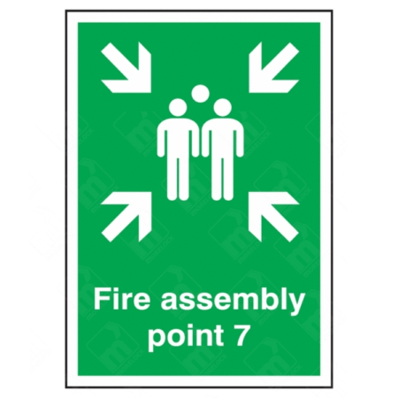 Fire Assembly Point 7 Sign – vertical green safety sign with white arrows and group symbol marking specific fire evacuation muster point 7