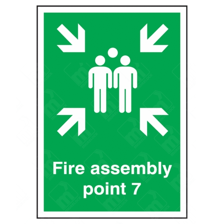 Fire Assembly Point 7 Sign – vertical green safety sign with white arrows and group symbol marking specific fire evacuation muster point 7