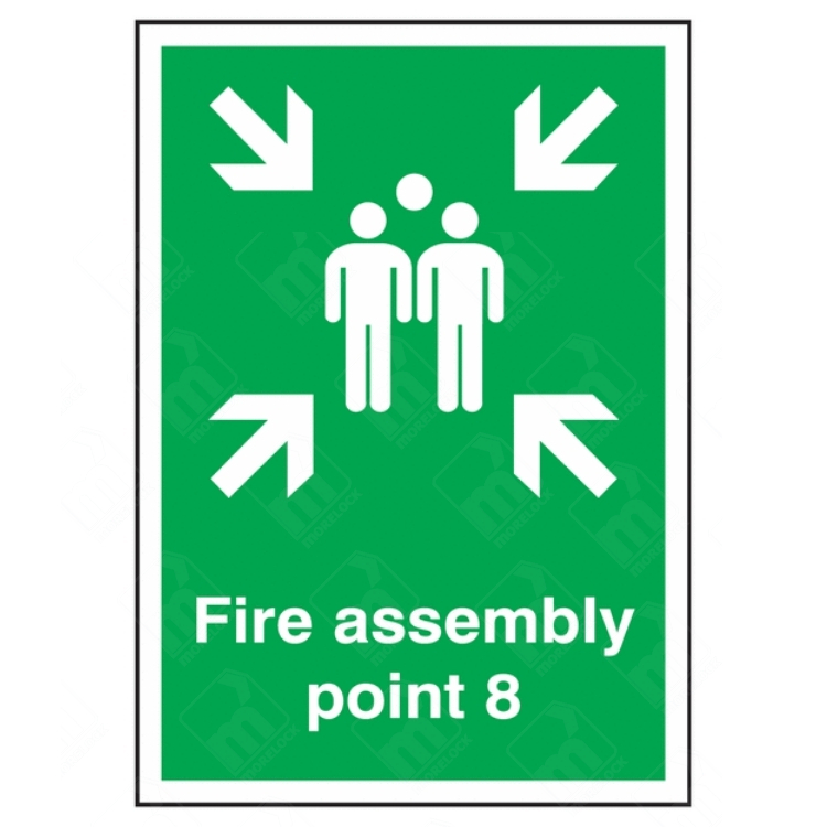 Fire Assembly Point 8 Sign – vertical green safety sign with white arrows and group symbol marking specific fire evacuation muster point 8