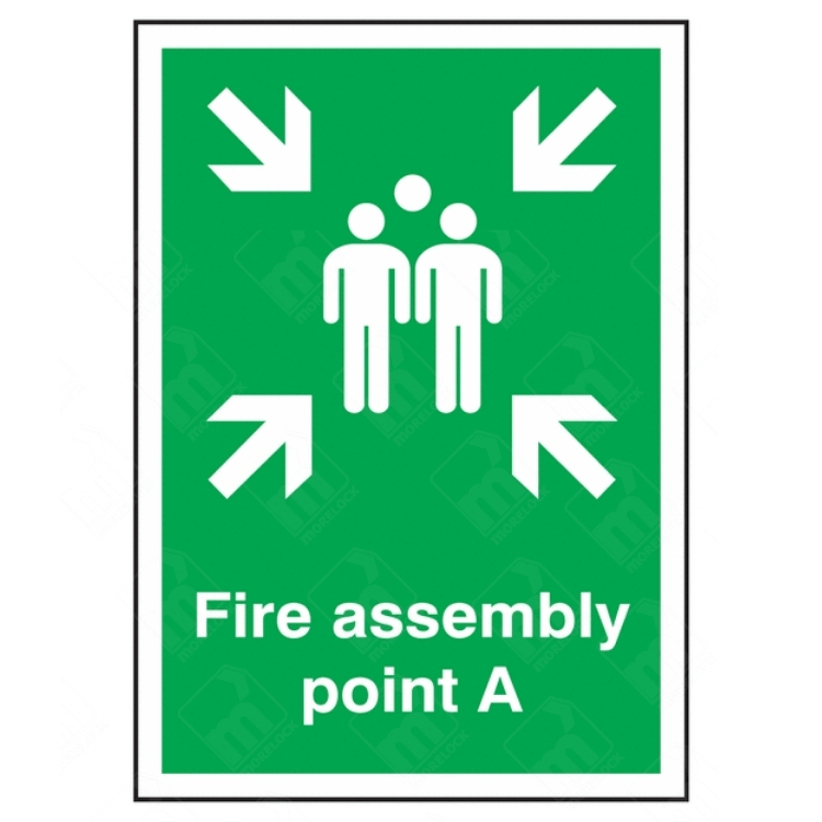 Fire Assembly Point A Sign – green vertical safety sign with group symbol and inward arrows marking evacuation location A