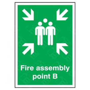 Fire Assembly Point B Sign – vertical green safety sign with white arrows and group symbol marking specific fire evacuation muster point B