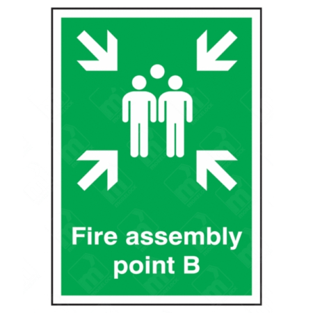Fire Assembly Point B Sign – vertical green safety sign with white arrows and group symbol marking specific fire evacuation muster point B
