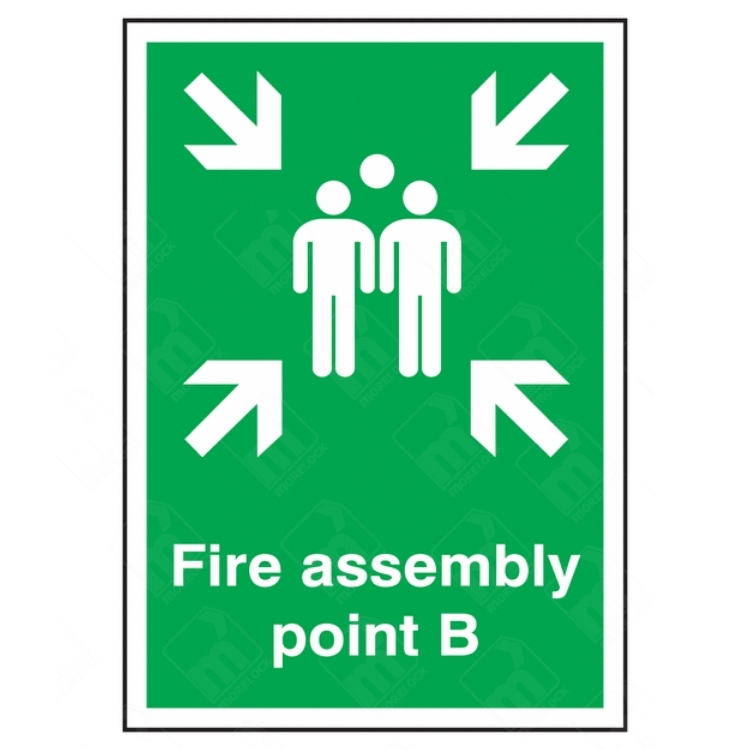Fire Assembly Point B Sign – vertical green safety sign with white arrows and group symbol marking specific fire evacuation muster point B