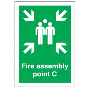 Image ALT Text: Fire Assembly Point C Sign – vertical green safety sign with white arrows and group symbol marking specific fire evacuation muster point C
