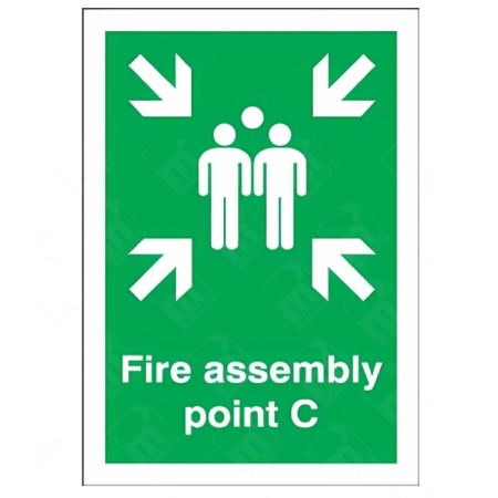 Image ALT Text: Fire Assembly Point C Sign – vertical green safety sign with white arrows and group symbol marking specific fire evacuation muster point C