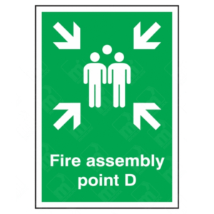 Fire Assembly Point D Sign – vertical green safety sign with white arrows and group symbol marking specific fire evacuation muster point D