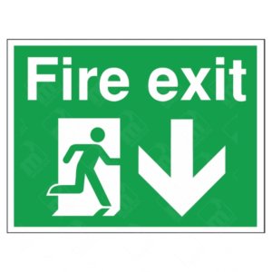 Fire Exit Down Arrow Sign – green UK emergency exit sign with downward arrow and running man symbol for evacuation guidance