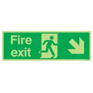 Photoluminescent Fire Exit Running Man Right and Arrow Diagonal Down Sign– glow emergency signage for angled stairwell exits