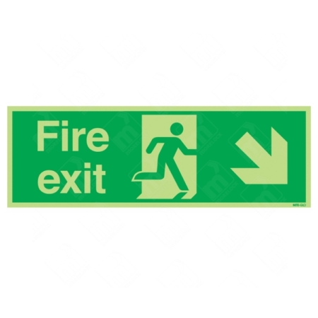 Photoluminescent Fire Exit Running Man Right and Arrow Diagonal Down Sign– glow emergency signage for angled stairwell exits