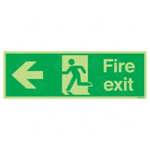 Photoluminescent Fire Exit Running Man and Arrow Left Sign – glow-in-the-dark emergency exit signage with left arrow for UK buildings.