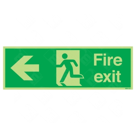 Photoluminescent Fire Exit Running Man and Arrow Left Sign – glow-in-the-dark emergency exit signage with left arrow for UK buildings.