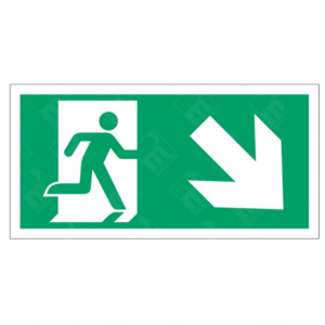 Running Man Left and Arrow Diagonal Down Sign – green UK fire safety sign with left-down arrow