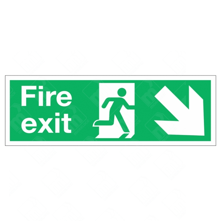 Fire Exit Running Man and Arrow Right Diagonal Down Sign – green emergency exit sign with downward-right white arrow and running man symbol
