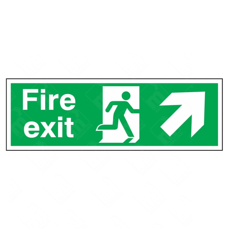 Fire Exit Running Man and Arrow Right Diagonal Up Sign – green emergency exit sign with upward right arrow and running man symbol