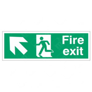Fire Exit Running Man and Arrow Left Diagonal Up Sign – green emergency exit sign with running man and upward-left arrow for evacuation route guidance