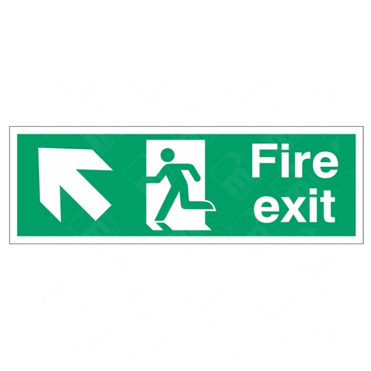 Fire Exit Running Man and Arrow Left Diagonal Up Sign – green emergency exit sign with running man and upward-left arrow for evacuation route guidance
