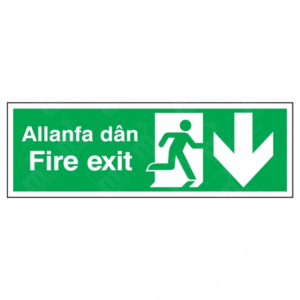 Fire Exit Running Man and Arrow Down Triple-Message Welsh-English Sign – bilingual sign with downward arrow and running man icon