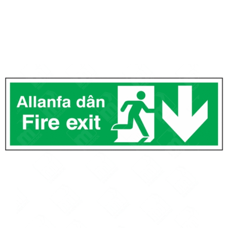 Fire Exit Running Man and Arrow Down Triple-Message Welsh-English Sign – bilingual sign with downward arrow and running man icon