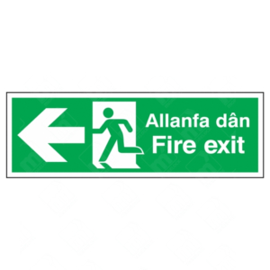 Fire Exit Running Man and Arrow Left Triple-Message Welsh-English Sign – bilingual fire escape sign with running man and left-pointing arrow