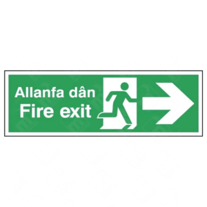 Fire Exit Running Man and Arrow Right Triple-Message Welsh-English Sign – bilingual directional fire exit sign