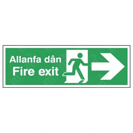 Fire Exit Running Man and Arrow Right Triple-Message Welsh-English Sign – bilingual directional fire exit sign