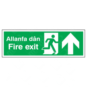 Fire Exit Running Man and Arrow Up Triple-Message Welsh-English Sign – bilingual safety sign with upward arrow, running man symbol, and Welsh-English text