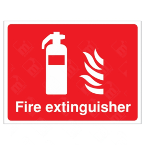 Fire Extinguisher Sign – red UK fire safety sign with white extinguisher and flame icons for emergency identification