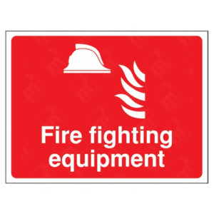 Fire Fighting Equipment Sign – red UK fire safety sign with flame and helmet icon indicating location of fire equipment.