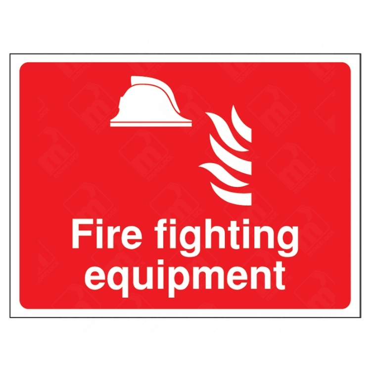 Fire Fighting Equipment Sign – red UK fire safety sign with flame and helmet icon indicating location of fire equipment.