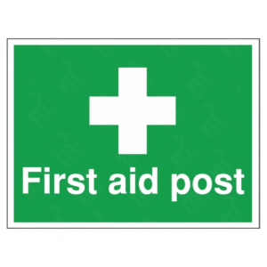 First Aid Post Sign – green safety sign with white cross symbol indicating medical help location on UK sites.