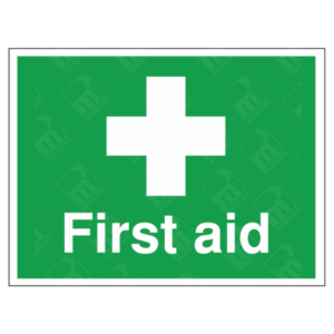 First Aid Sign – green and white UK safety sign with cross symbol for medical stations