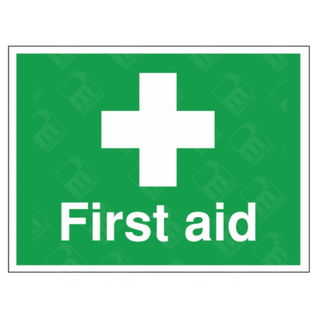 First Aid Sign – green and white UK safety sign with cross symbol for medical stations