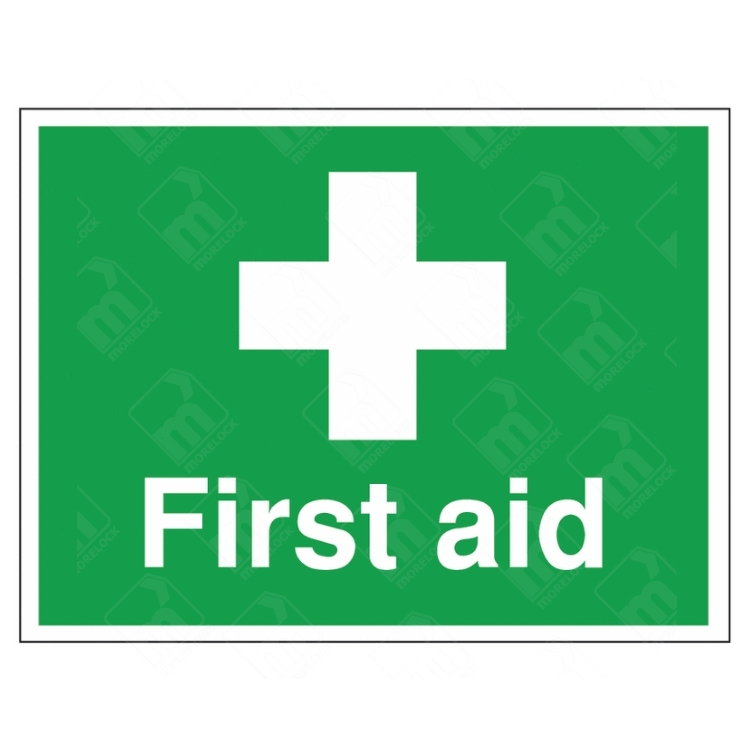 First Aid Sign – green and white UK safety sign with cross symbol for medical stations