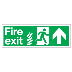 HTM65 Fire Exit NHS Running Man Right Arrow Up Sign – green NHS-compliant emergency sign with flame, upward arrow and running man symbol