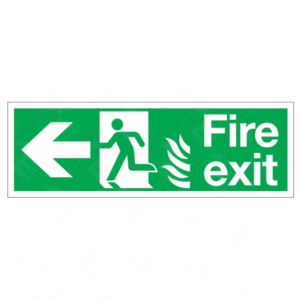 HTM65 Fire Exit NHS Running Man Left Arrow Left Sign – green fire exit sign with flame symbol, left arrow, and running man for hospital evacuation