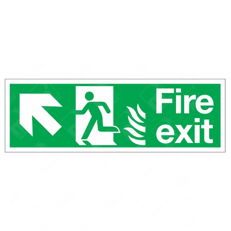 HTM65 Fire Exit NHS Running Man Left Arrow Diagonal Up Sign – green NHS fire exit sign with upward-left arrow, running man, and flame symbol